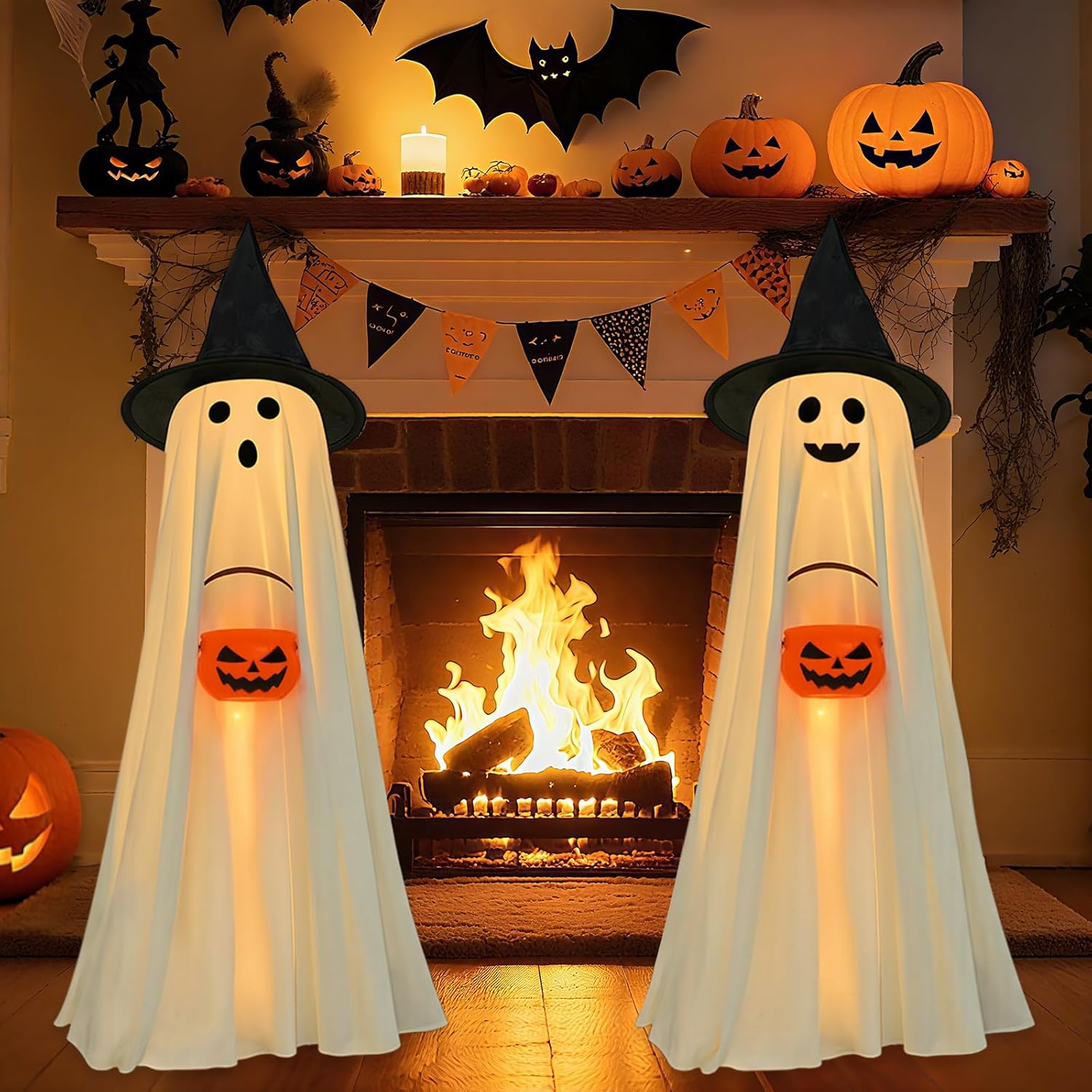 Halloween Decorations Indoor Outdoor, 2 Packs Light Up Spooky Ghost with Pumpkin Halloween Decor Crafts, Indoor Cute Party Ghosts Decorations for Table/Home/Room/Fireplace/Kitchen/Porch/Yard